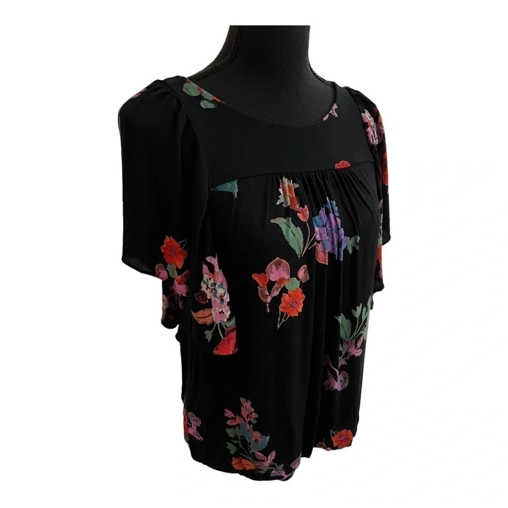 Anthropologie Maeve Black Floral Flutter Sleeve Blouse Small